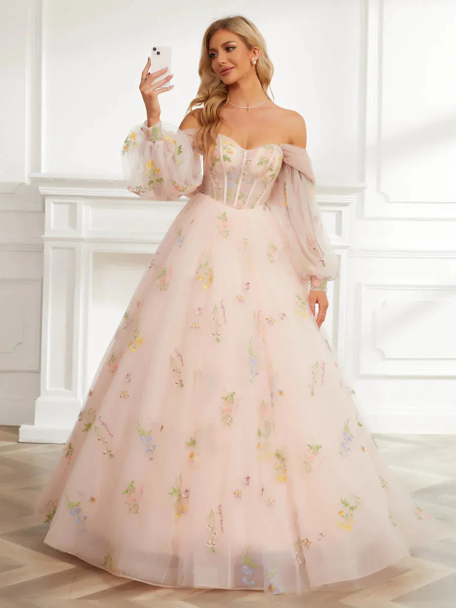Ball Gown Sweetheart Embroidery Tulle Long Prom Dresses With Detachable Shawl