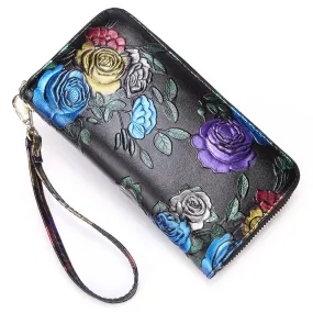 BAOERSEN  Retro Women's Genuine Leather Rose Pattern Clutch Wallet