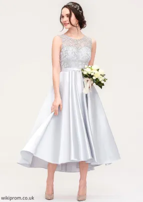 Bateau Sleeveless Tea-Length Satin A-line/Princess Bridesmaid Dresses With Sashes Lace Lila SWKP0025495