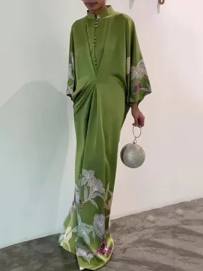 Batwing Sleeves Loose Floral Printed Muslim Pleated Stand Collar Maxi Dresses M 133415