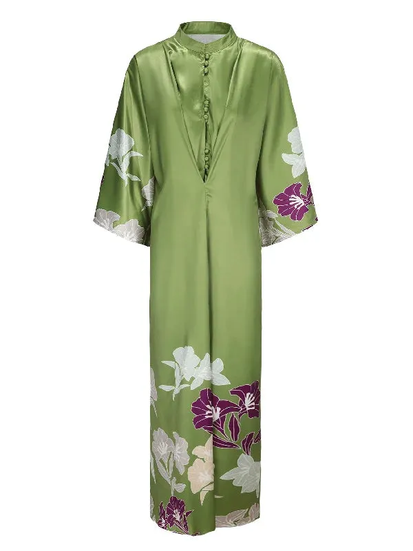 Batwing Sleeves Loose Floral Printed Muslim Pleated Stand Collar Maxi Dresses M 133415