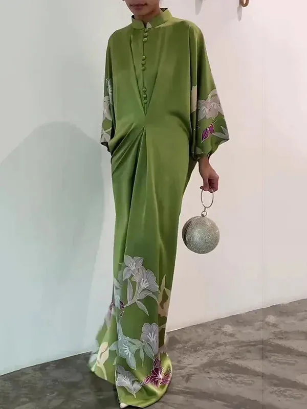 Batwing Sleeves Loose Floral Printed Muslim Pleated Stand Collar Maxi Dresses M 133415