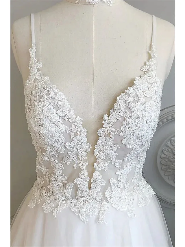 Beach Wedding Dresses Court A-Line Sleeveless Spaghetti Strap Lace With Buttons Appliques