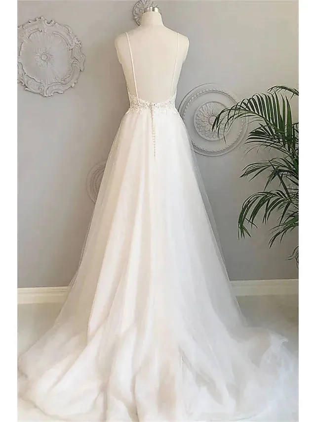 Beach Wedding Dresses Court A-Line Sleeveless Spaghetti Strap Lace With Buttons Appliques