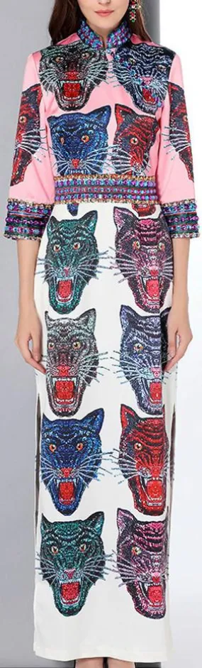 Bead-Embellished Tiger Print Dress