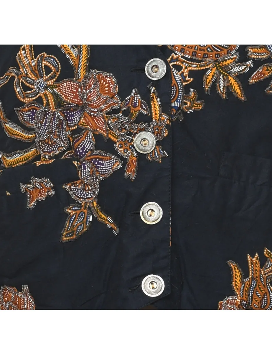 Beaded Floral Print Waistcoat - M