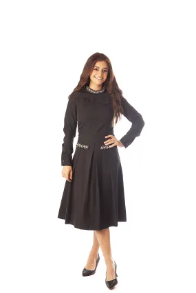 Beaded Neckline   Pocket Flaps Dress