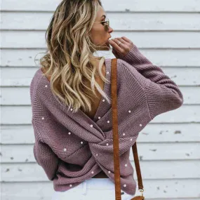 Beads Knit Open Back Long Sleeve Sweater