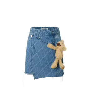 Bear Diamond Check Denim Skirt in Blue
