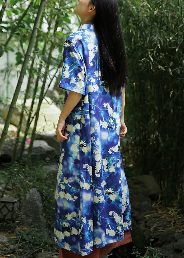 Beautiful Blue Print Pockets Linen Long Dresses Short Sleeve ML0088