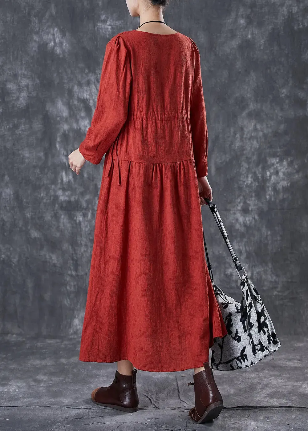 Beautiful Red Cinched Patchwork Linen Dresses Fall ML3072