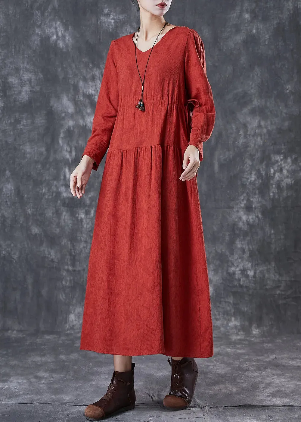 Beautiful Red Cinched Patchwork Linen Dresses Fall ML3072