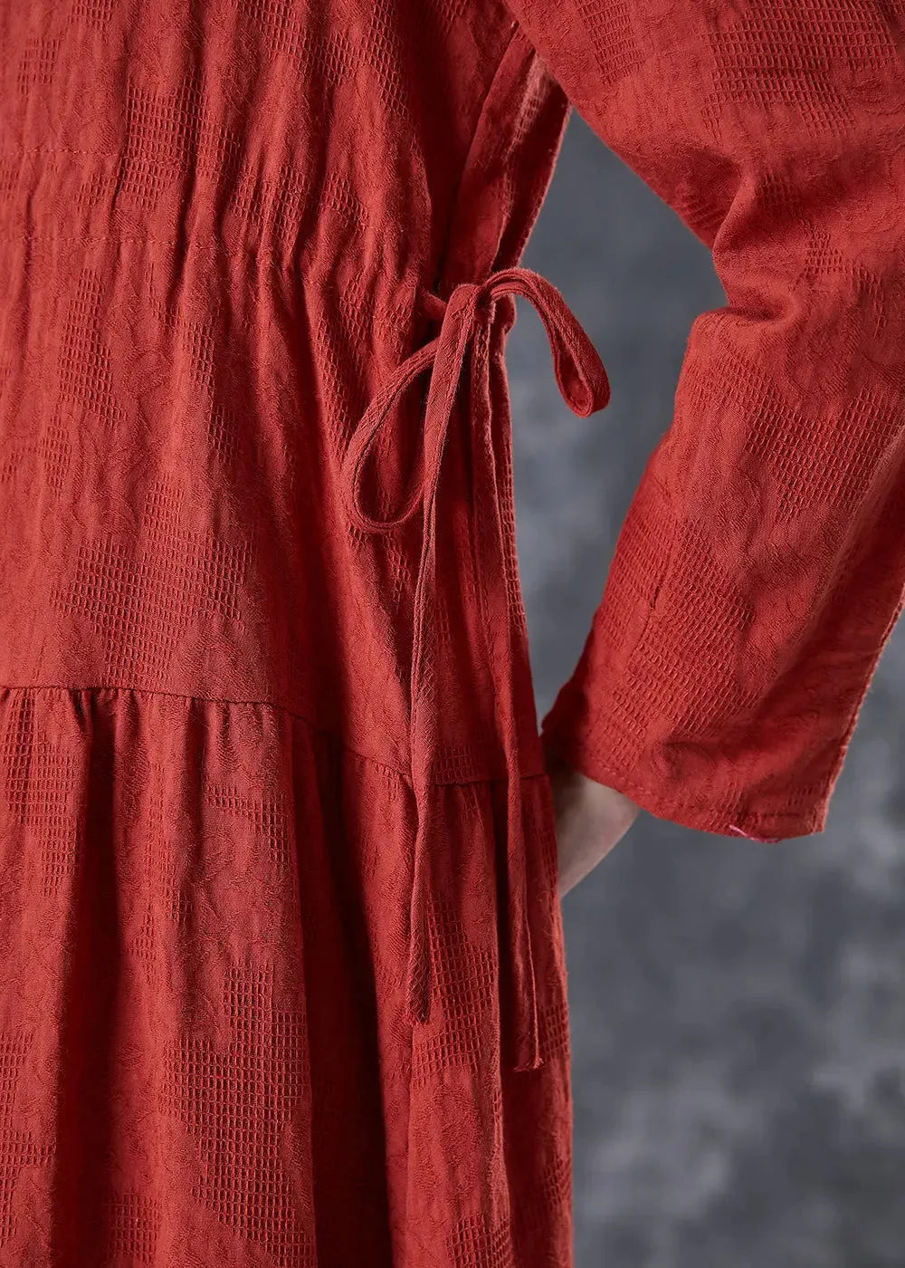 Beautiful Red Cinched Patchwork Linen Dresses Fall ML3072