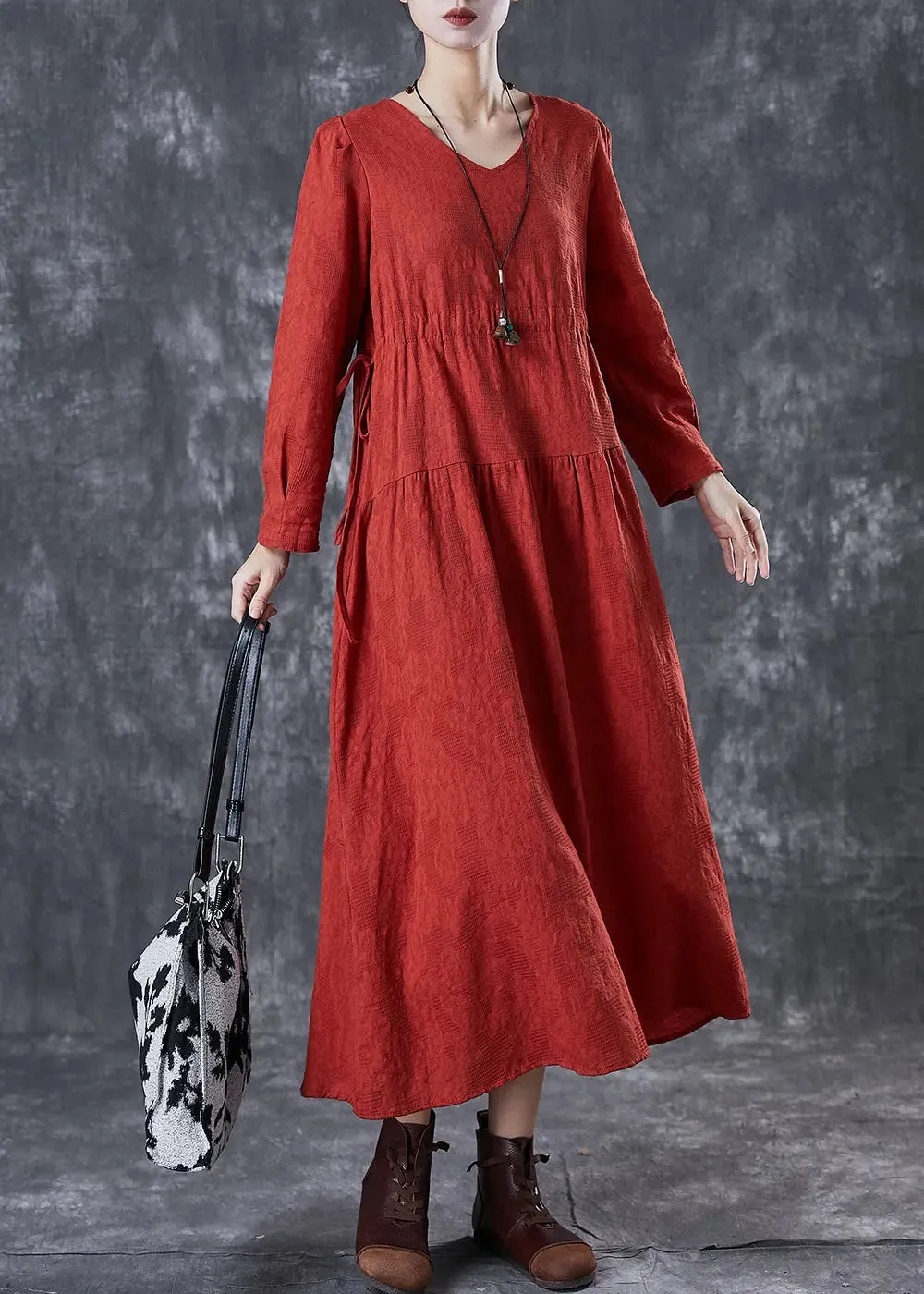 Beautiful Red Cinched Patchwork Linen Dresses Fall ML3072