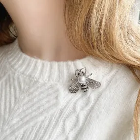 Bee Brooch Silver Pearl Pin Crystal