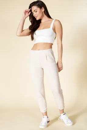 Beige 3/4 Solid Pants W Pockets