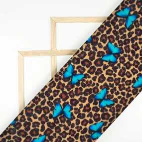 Beige And Sky Blue Butterfly Pattern Digital Print Chanderi Fabric