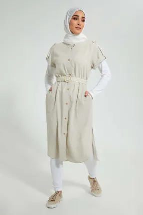 Beige Button Front Collared Dress