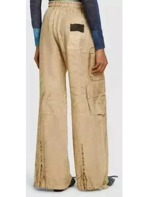 Beige Cotton Cargo Wide-Leg Pants