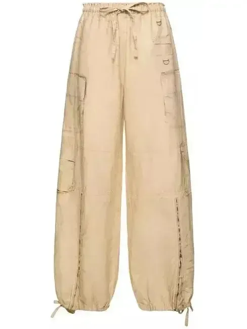 Beige Cotton Cargo Wide-Leg Pants