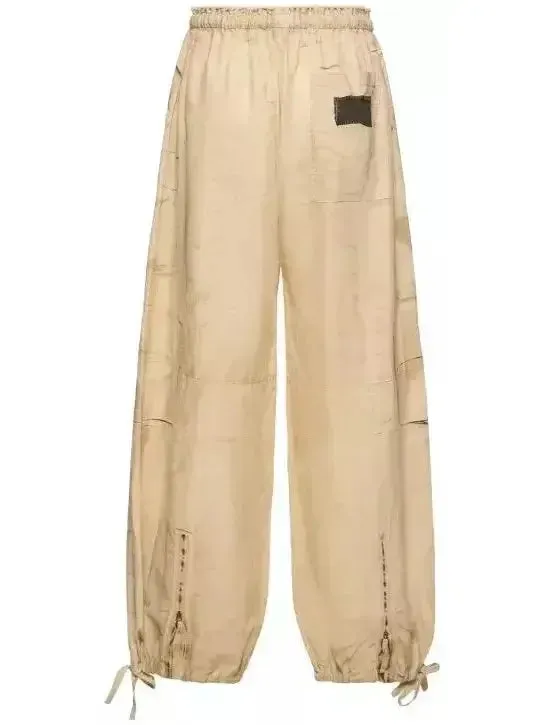 Beige Cotton Cargo Wide-Leg Pants