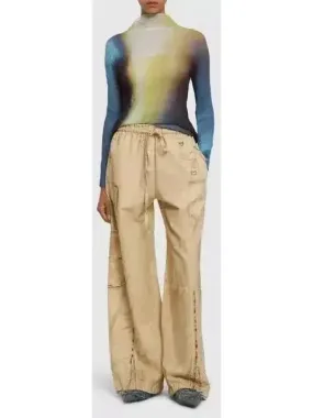 Beige Cotton Cargo Wide-Leg Pants