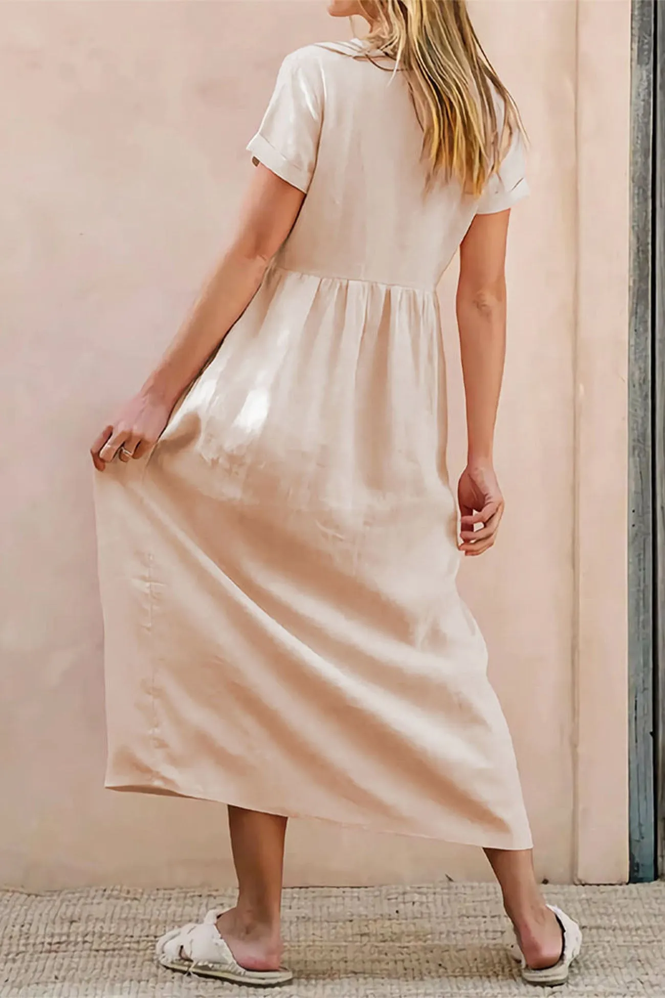 Beige Cotton V Neck Pocket Midi Dress