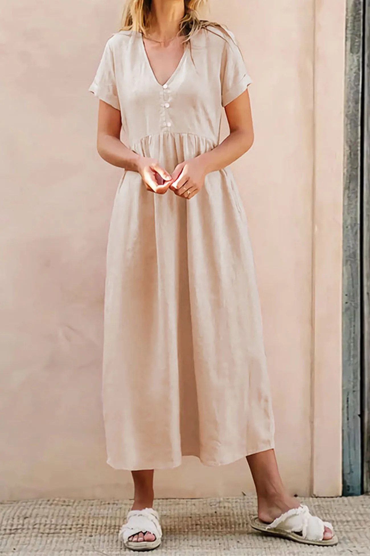 Beige Cotton V Neck Pocket Midi Dress