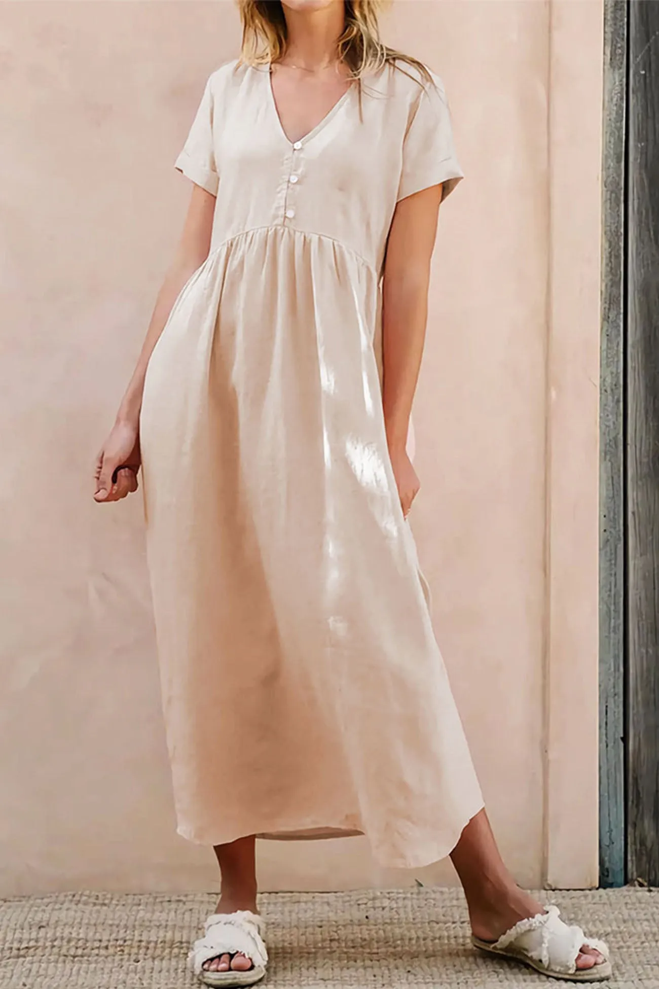 Beige Cotton V Neck Pocket Midi Dress