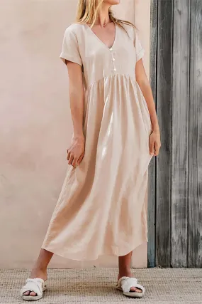 Beige Cotton V Neck Pocket Midi Dress