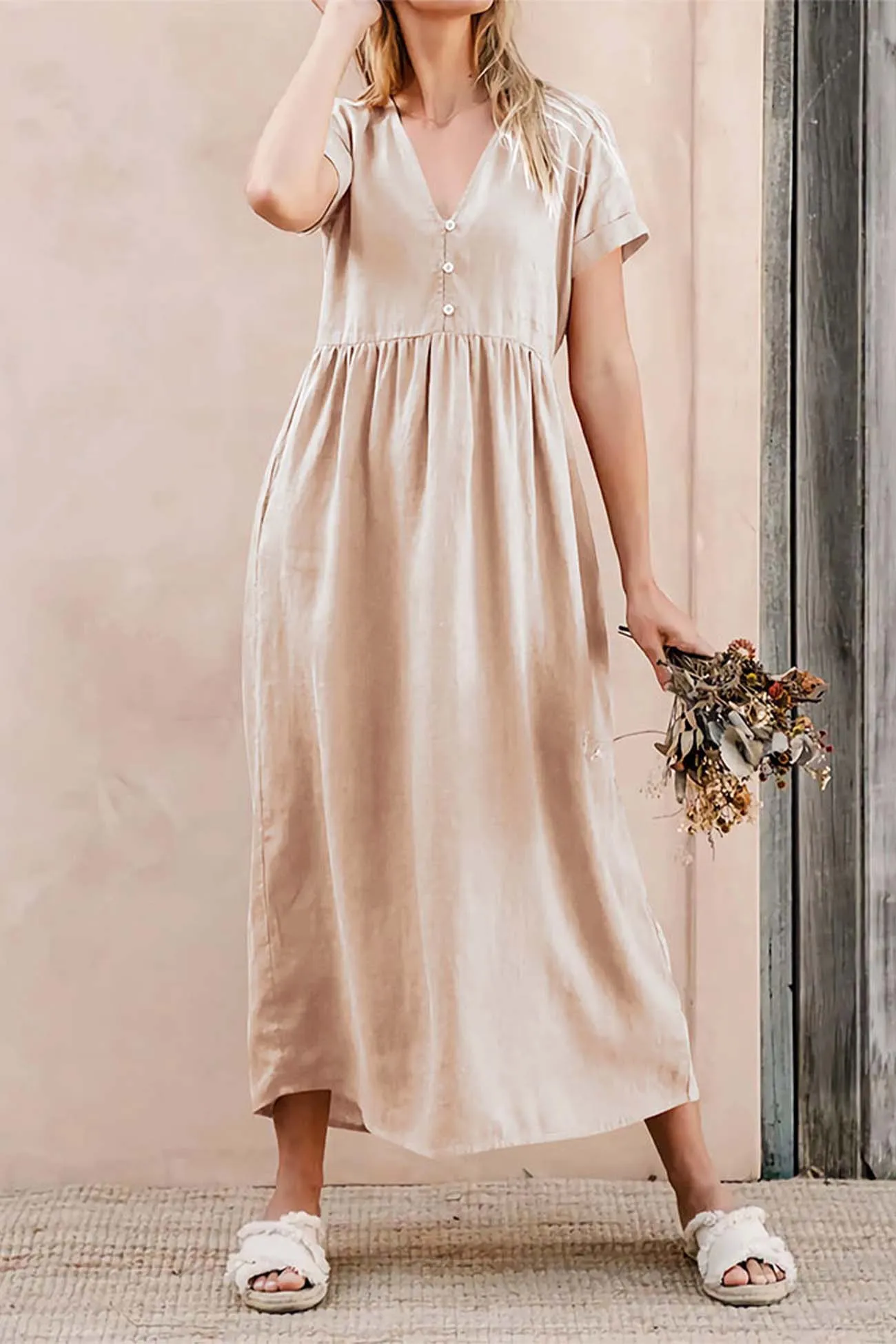 Beige Cotton V Neck Pocket Midi Dress
