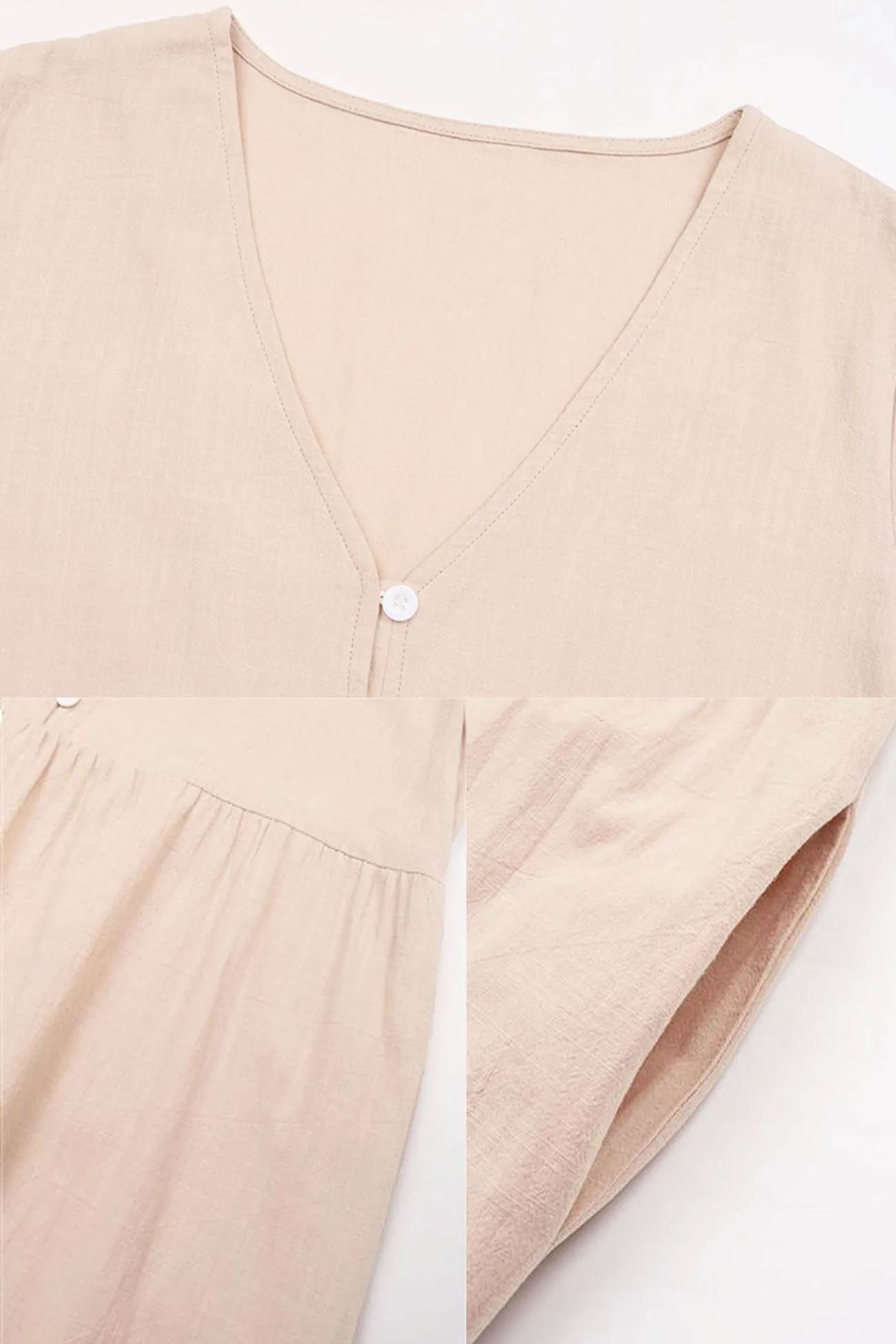 Beige Cotton V Neck Pocket Midi Dress