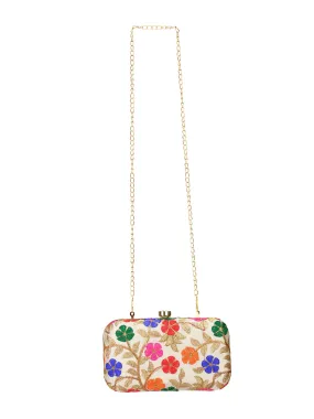 Beige embroidered box clutch