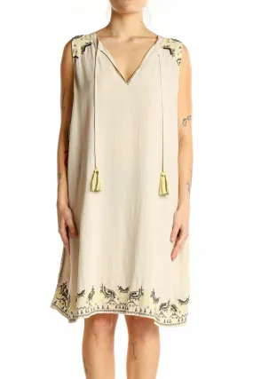 Beige Embroidered Sleeveless Shift Dress