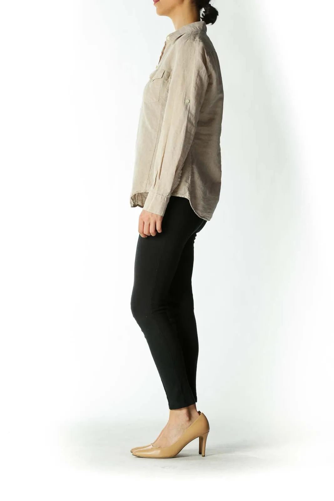 Beige Flax & Cotton Button-Down Shirt With Breast-Pockets