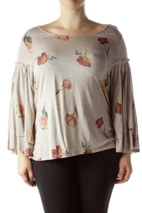 Beige Floral Bell Sleeve Top