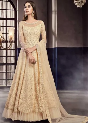 Beige Golden Embroidered Anarkali Gown Suit