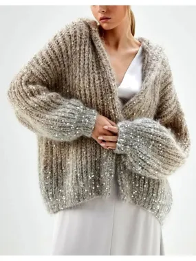 Beige Gradient Sequin-Embellished Knitted Hooded Cardigan