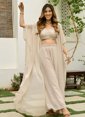 Beige Indo Western Crop Top Palazzo and Jacket Ensemble