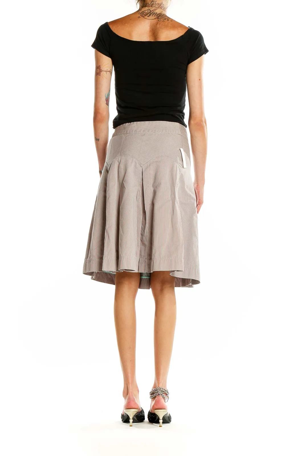 Beige Pleated A-Line Midi Skirt