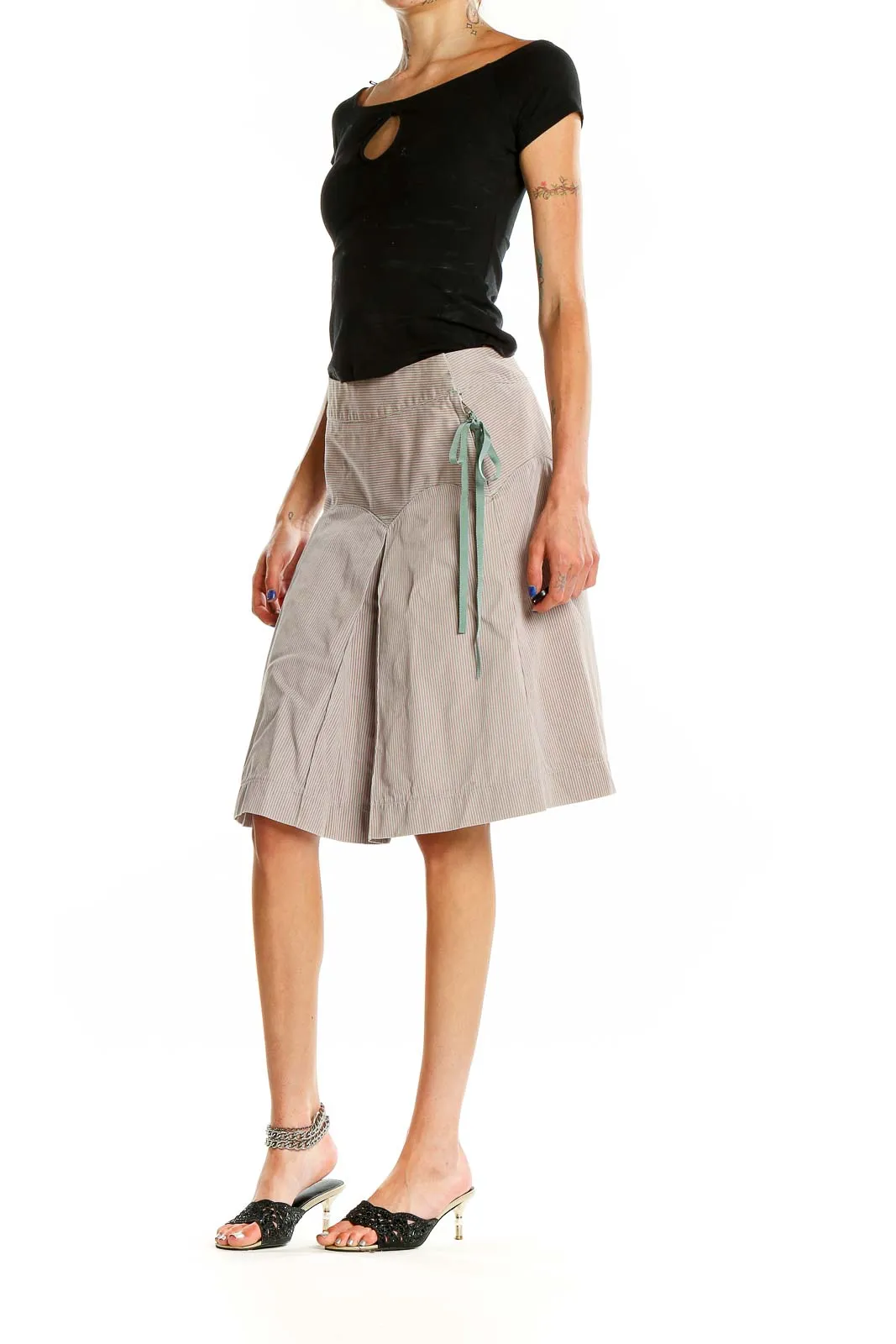 Beige Pleated A-Line Midi Skirt