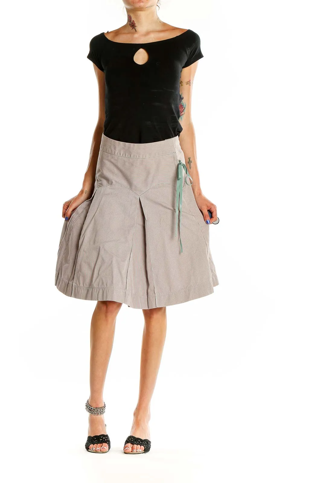 Beige Pleated A-Line Midi Skirt
