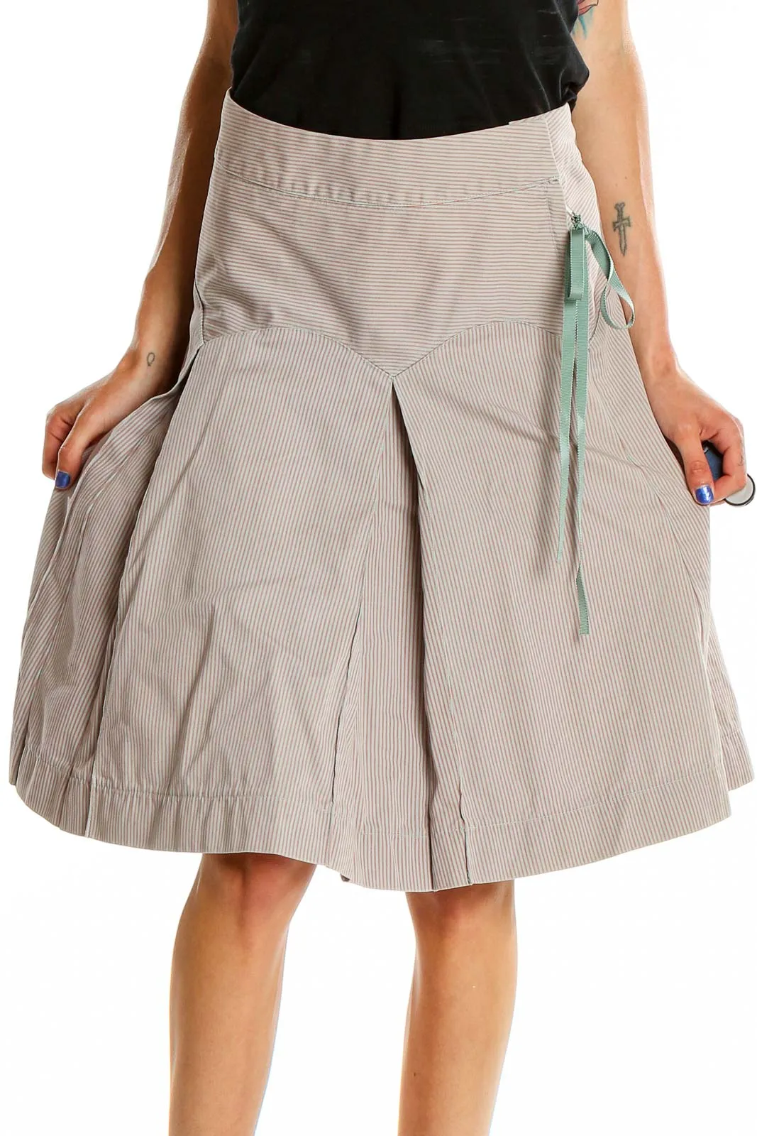 Beige Pleated A-Line Midi Skirt