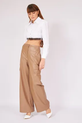 BEIGE POCKET LEATHER TROUSERS