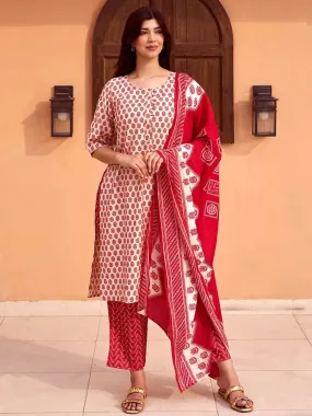 Beige Printed Silk Blend Straight Suit With Dupatta