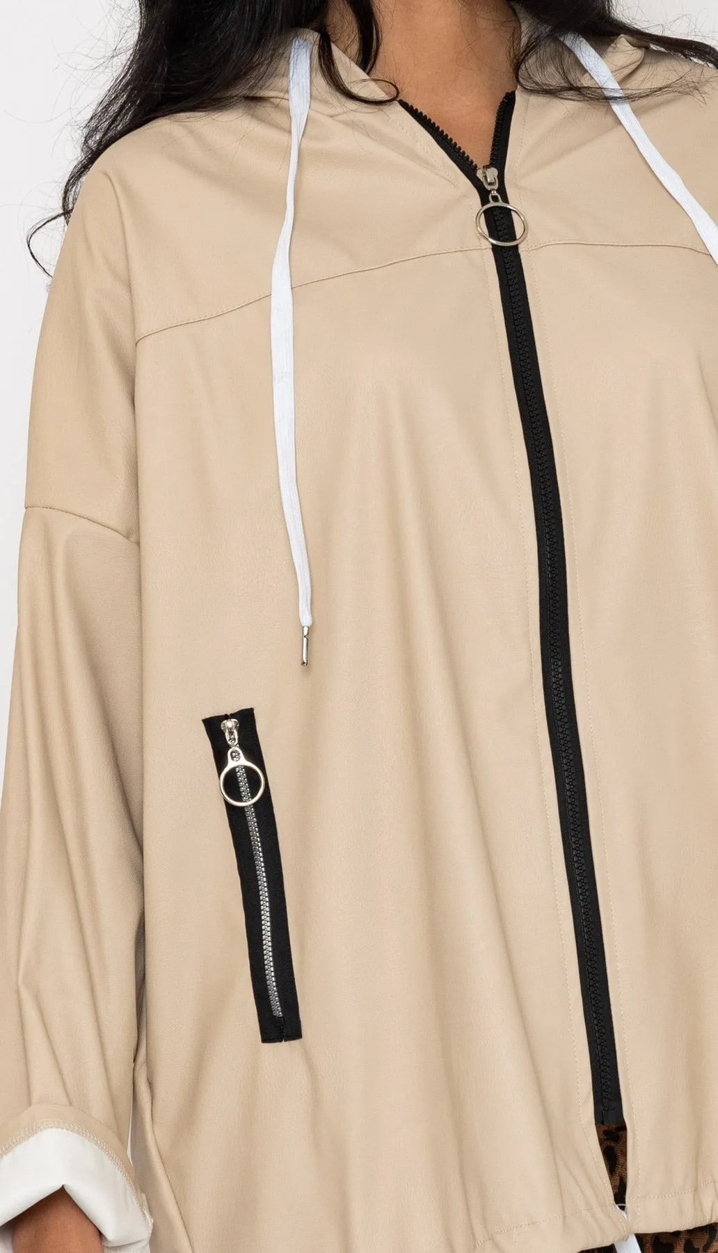 Beige PU Zip Up Jacket