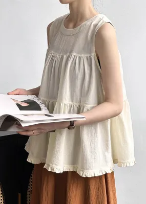 Beige Ruffled Solid Cotton Tops O Neck Summer AF1048