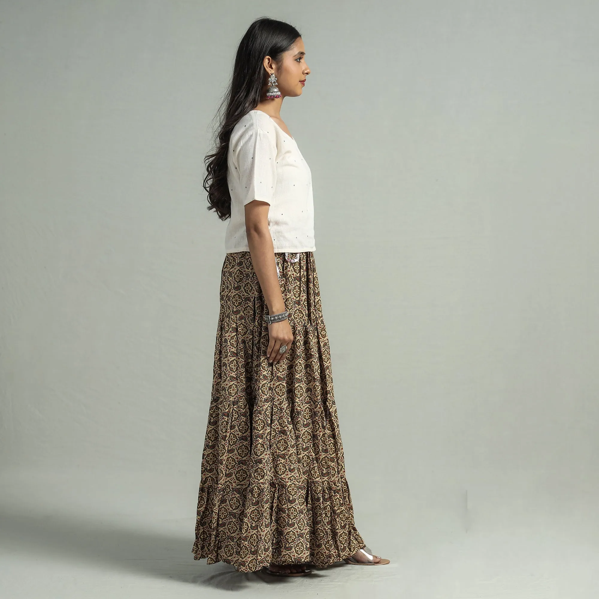 Beige - Sanganeri Block Printed Tiered Cotton Long Skirt