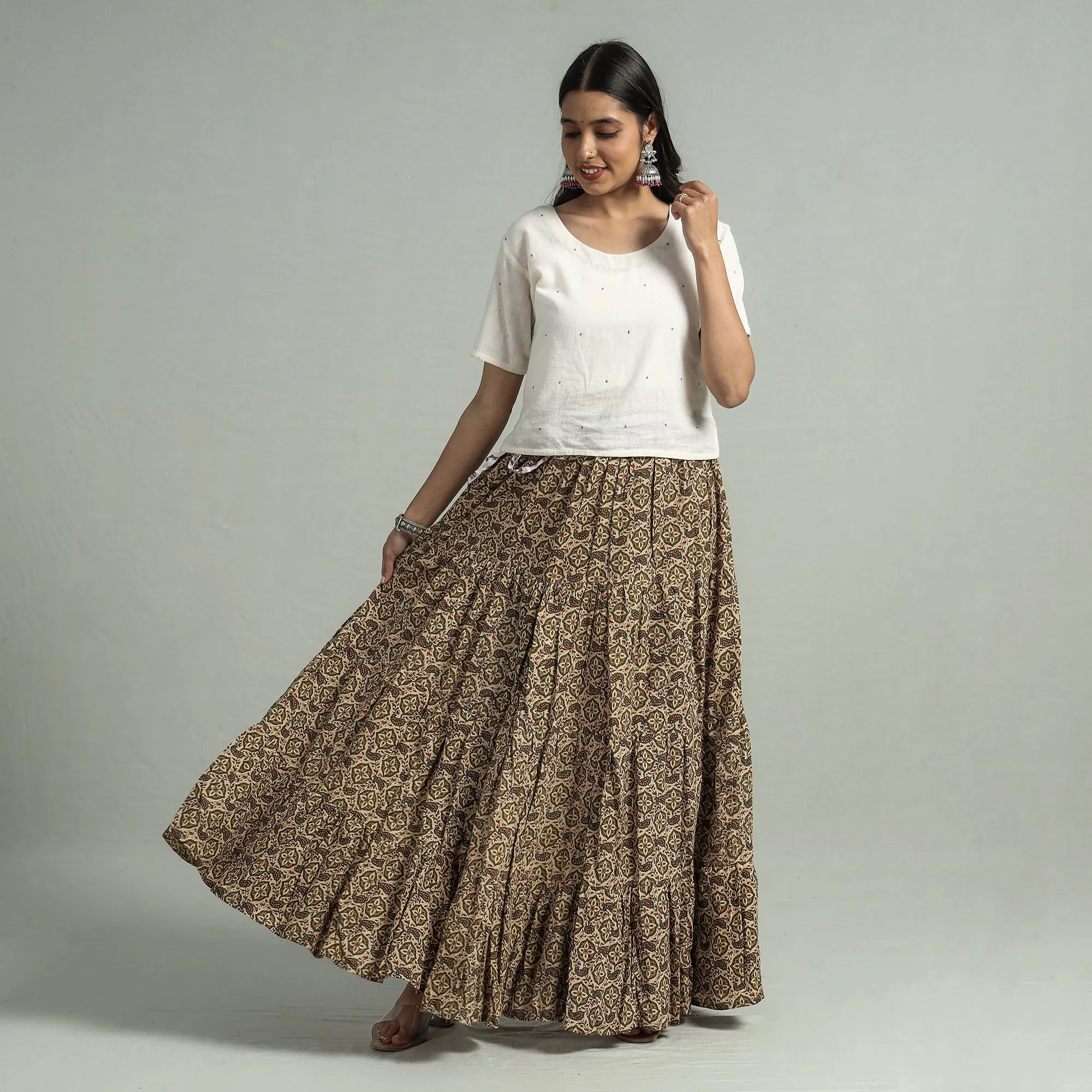 Beige - Sanganeri Block Printed Tiered Cotton Long Skirt