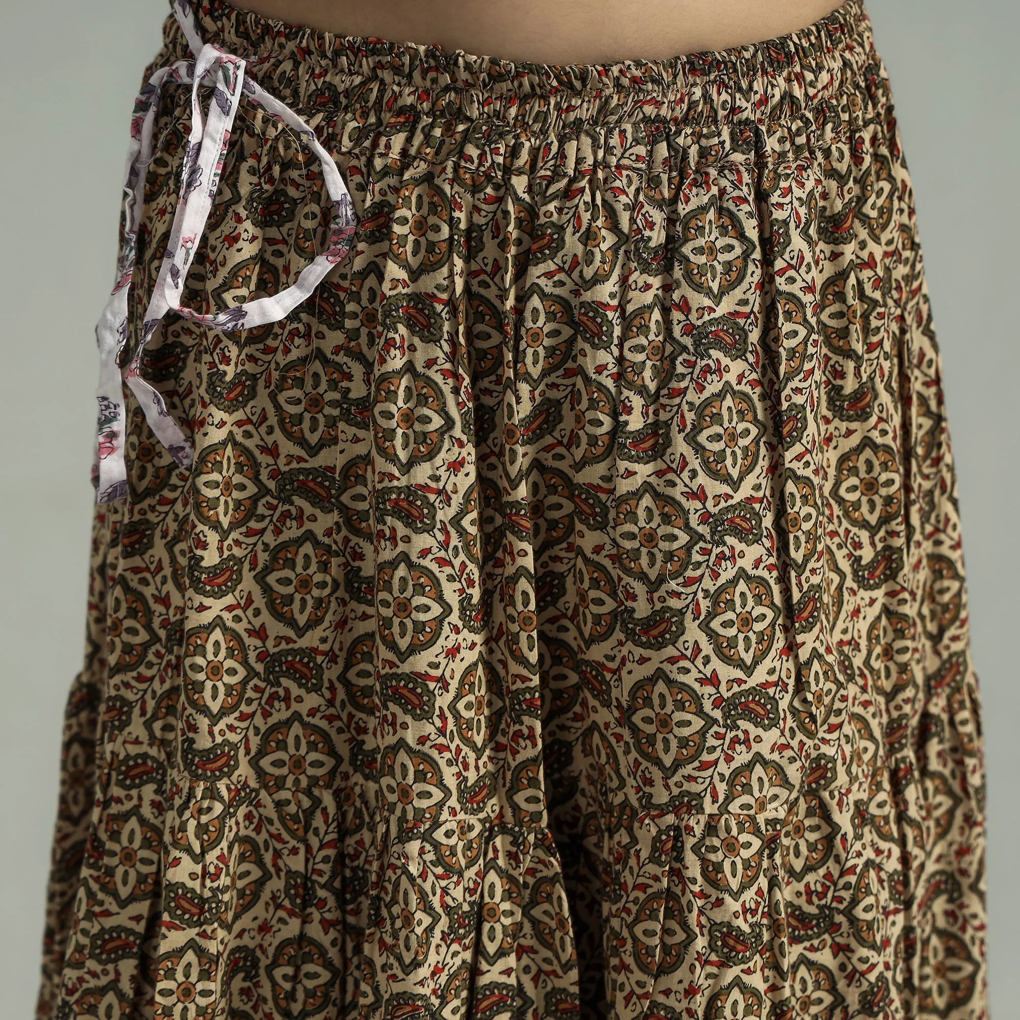 Beige - Sanganeri Block Printed Tiered Cotton Long Skirt